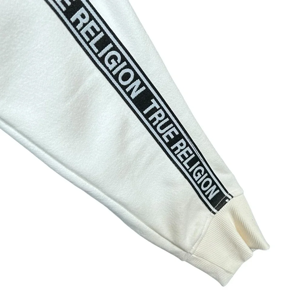 True Religion Mens Full Zip Hoodie Size L Winter White Branded Tape Across Back